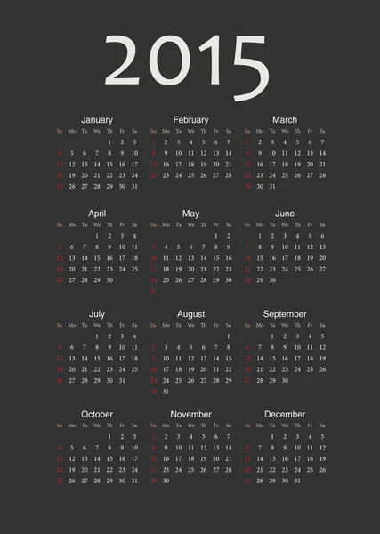 Europeo negro 2015 año vector calendario — Archivo Imágenes Vectoriales