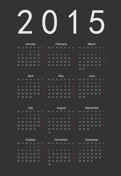 Europeo negro 2015 año vector calendario — Vector de stock