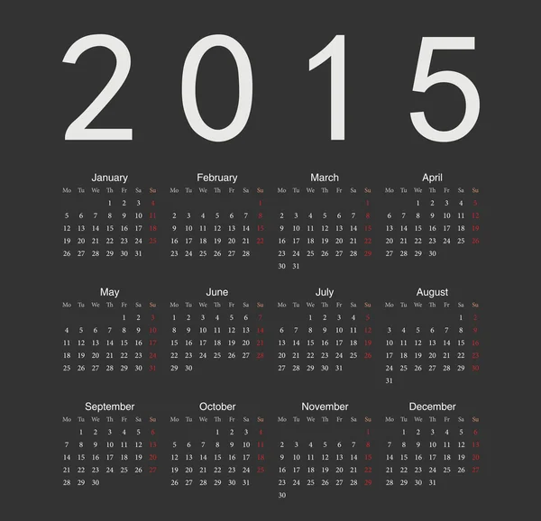 Calendrier vectoriel de l'année 2015 simple noir européen — Image vectorielle