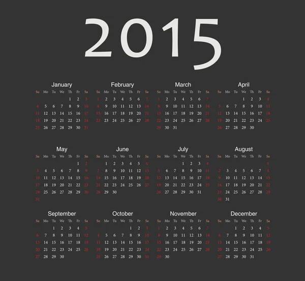Jednoduché černé Evropský rok 2015 vektor kalendář — Stockový vektor