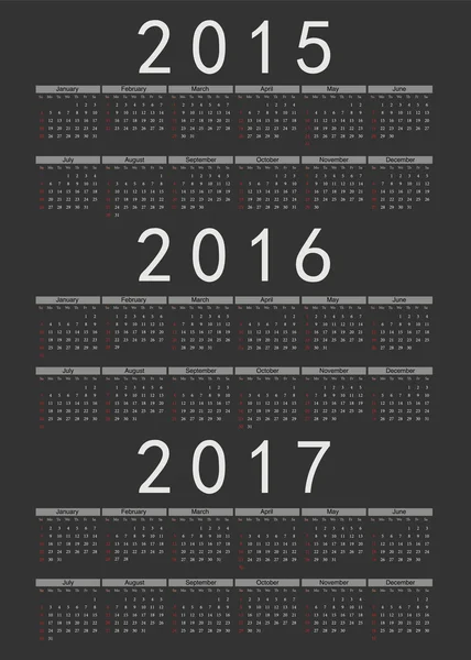 Européen noir 2015, 2016, 2017 année vectorielle calendrier — Image vectorielle