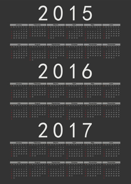 European black 2015, 2016, 2017 year vector calendar