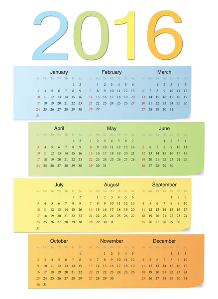 Calendrier vectoriel couleur européen 2016 — Image vectorielle