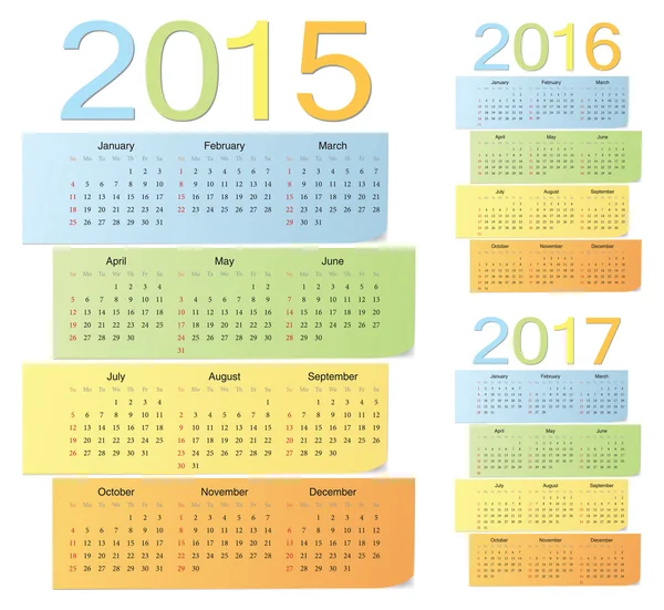 一套欧洲到 2015 年，到 2016 年，2017年颜色矢量日历 — 图库矢量图片