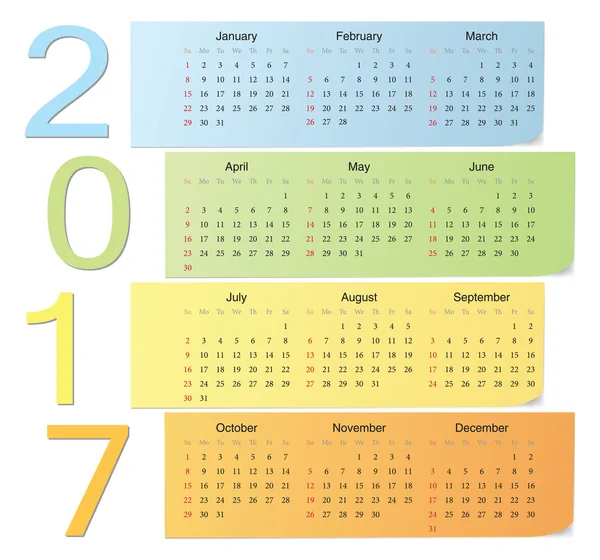 Calendrier vectoriel couleur européen 2017 — Image vectorielle