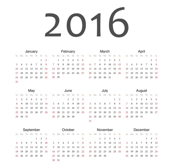 Simple european 2016 year vector calendar — Stock Vector
