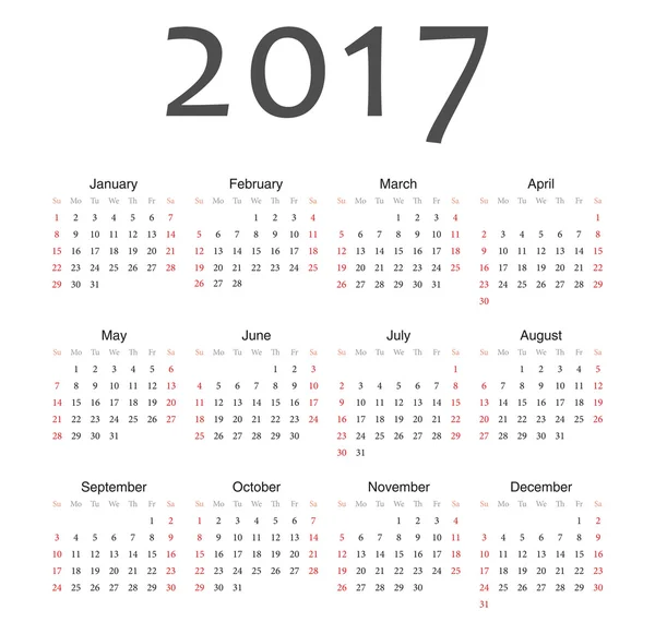 Простой европейский векторный календарь 2017 года — стоковый вектор