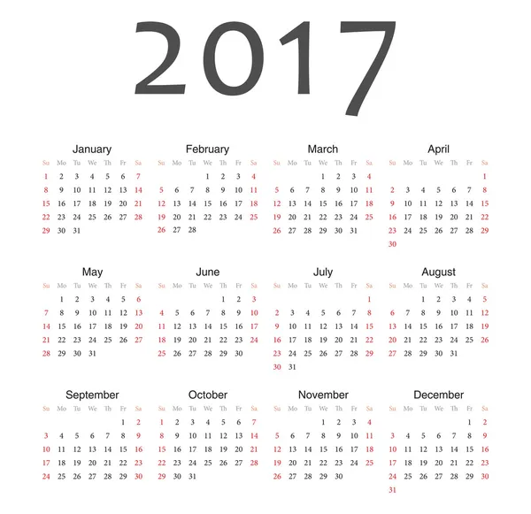 Eenvoudige europese 2017 jaar vector kalender — Stockvector