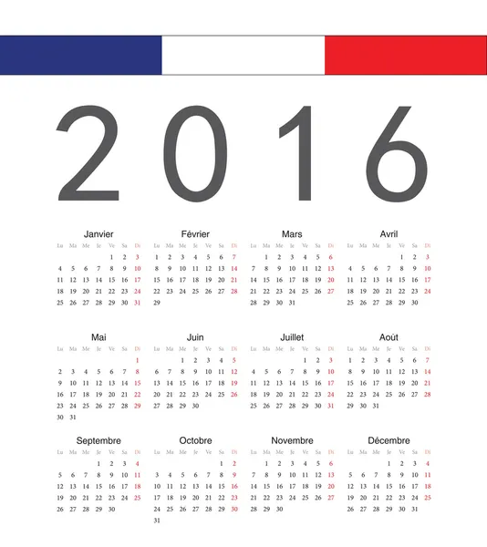 Francés simple 2016 año vector calendario — Archivo Imágenes Vectoriales