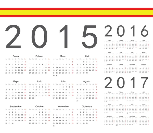 Sada španělských 2015, 2016, 2017 rok vektorové kalendáře — Stockový vektor