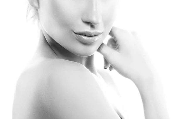 Beautiful Young Caucasian Girl Face Close Clean Skin Perfect Lips — Stock Photo, Image