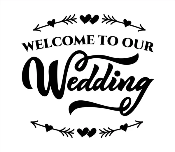 Bienvenido a nuestro signo de entrada de la boda, decoración de la ceremonia con corazones y flechas. — Vector de stock
