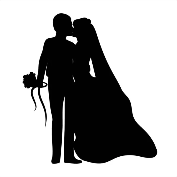Силуэт людей мужчина и женщина, жених, невеста с букетом цветов. — стоковый вектор