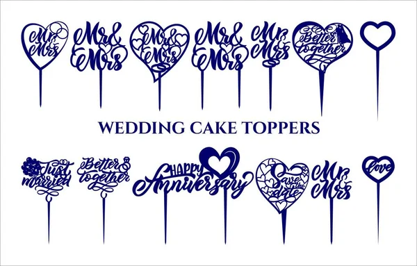 Ensemble de garnitures de gâteau de mariage avec des citations en forme de coeur. — Image vectorielle