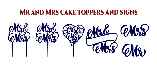 Set Cake Toppers Mrs Wedding Signs Hand Script Calligraphy Lettering — Stock vektor