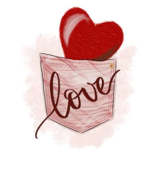 Ficka med rött hjärta och ordet kärlek på vit bakgrund. Alla hjärtans dag illustration — Stockfoto