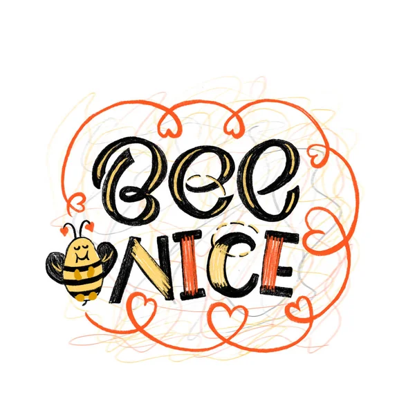 Bee nice funny quote handwritten lettering. Imitation kids script — Stockfoto