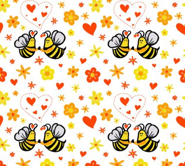 Renkli yaz çiçekleriyle dikişsiz komik arı deseni. El çizimi arkaplan