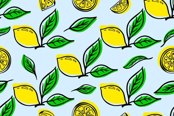 Kusursuz Desenli Limon Arka Planı Yeşil Yapraklı Turunçgil Meyve Parçası — Stok Vektör