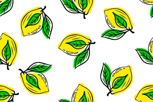 Seamless Lemon Pattern Citrus Green Leaves Ripe Whole Fruits Vector — Stock vektor