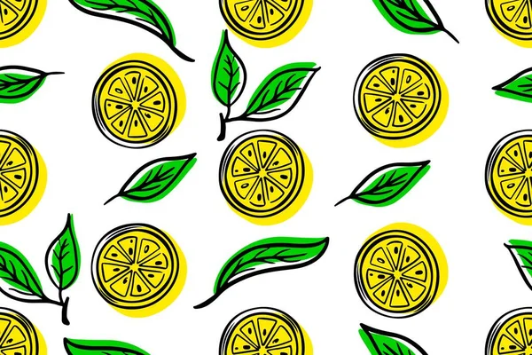 Seamless Pattern Lemons Background Citrus Green Leaves Cicle Piece Exotic — Stock vektor