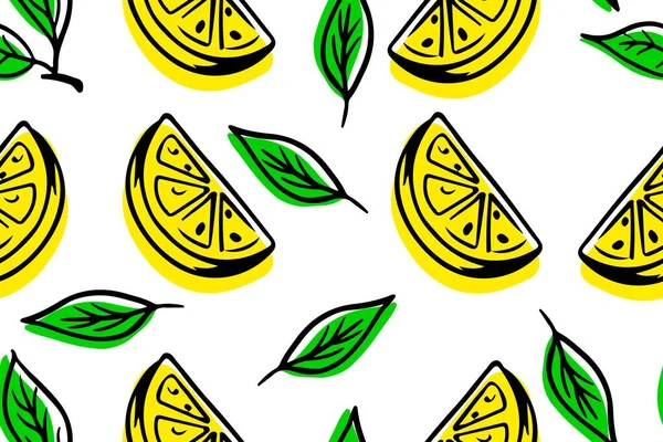 Seamless Pattern Lemons Background Citrus Green Leaves Cicle Piece Exotic — Stock vektor