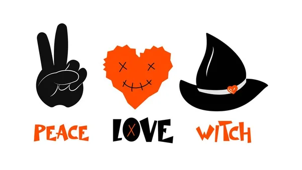 Peace Love Witch Hat Heart Sign Hand Halloween Funny Quote — Stock Vector