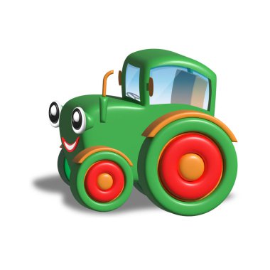 Beyaz arka planı olan komik oyuncak traktörü.