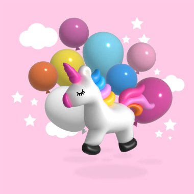 Tek boynuzlu at balonları pembe arka plan