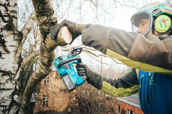 Russia Pushkino November 2021 Close Arborist Chainsaw Height Praning Tree — стокове фото