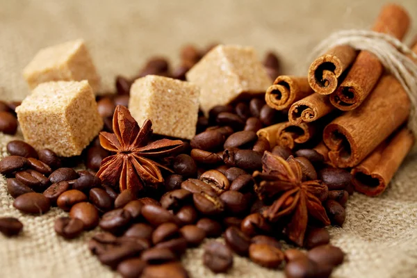 Still life of coffee beans, stars of anise, brown sugar and cinnamon sticks — Stock Photo, Image