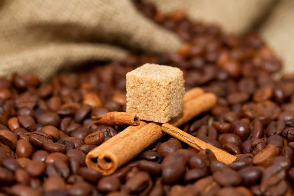 Mountain lake of coffee beans and cinnamon sticks in a boat — Stock Photo, Image