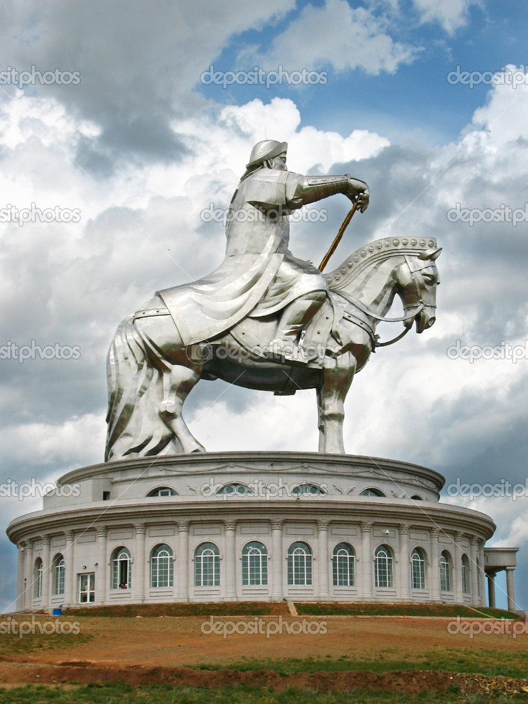 Great monument to Genghis Khan on a pedestal in the steppes of Mongolia