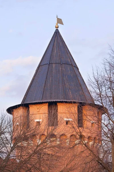 Cihlová zeď a stráž věž tula Kremlu — Stock fotografie