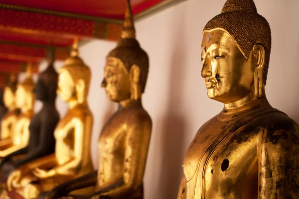 Několik zlatých soch Buddhy v chrámu — Stock fotografie