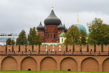 The red brick Kremlin wall and domes of the Church and church school in Tula