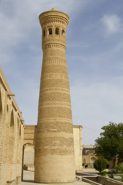 In de buurt van de beroemde minaret van een moskee in Buchara, Oezbekistan — Stockfoto
