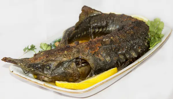 Sturgeon baked on a platter with lemon and parsley — Stock Photo, Image
