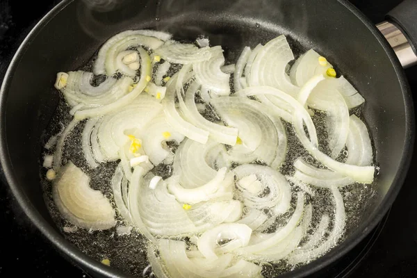 Fry Chopped Onion Rings Vegetable Sunflower Oil Teflon Pan — Stock Photo, Image