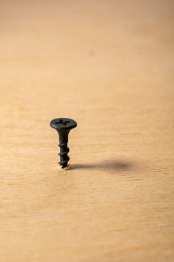 siyah kendi kendine dokunan tahta için vida bir tahta parçası yanında