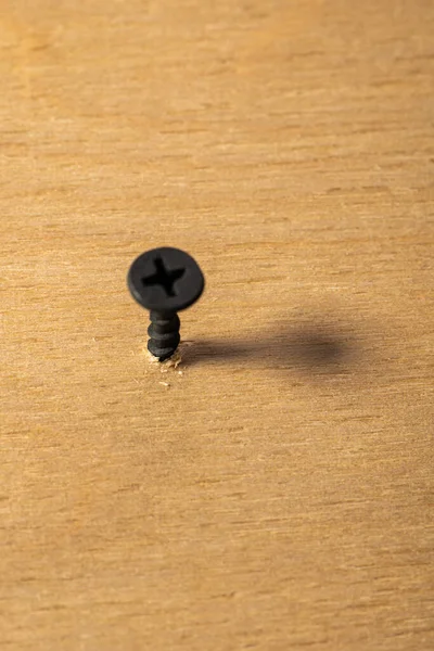 Schwarze Selbstschneidende Schraube Für Holz Neben Einem Stück Holz — Stockfoto