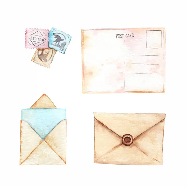Aquarela Conjunto Desenhos Sobre Tema Dos Correios Carta Envelope Cartão — Fotografia de Stock