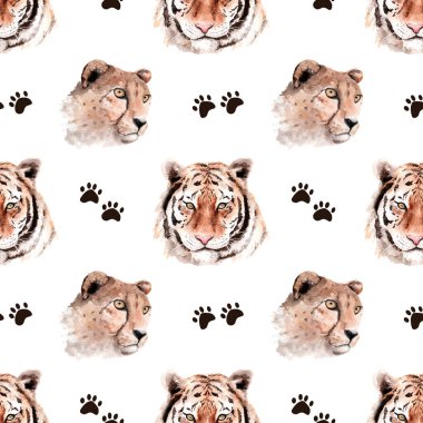 Suluboya çizim - kaplan ve çita başı - kusursuz desen