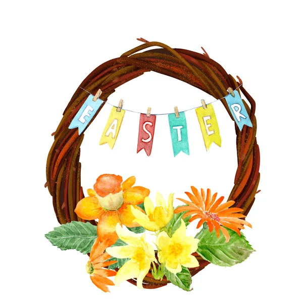 Easter wreath with watercolor spring flowers and lettering — Stock Photo, Image