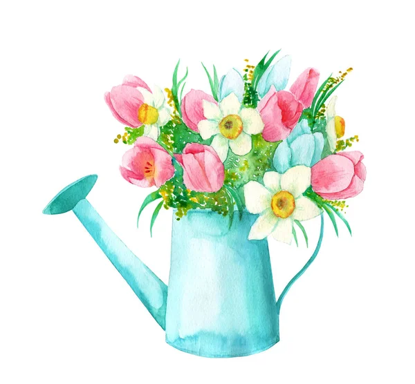 Dibujo Acuarela Ramo Flores Primavera Una Regadera Azul Boceto — Foto de Stock
