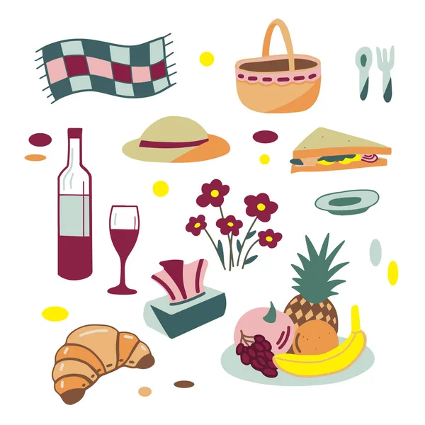 Színes rajzok, piknik elemek egy kosár, kockás, gyümölcsök, ételek és egyéb — Stock Vector