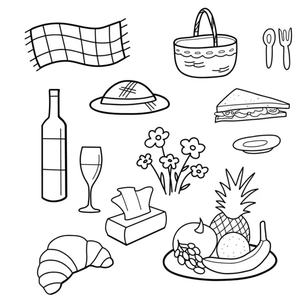 Kontúrrajzok, piknik elemek, kosár, kockás, gyümölcsök, ételek és egyéb — Stock Vector