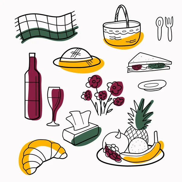 Dessins de contour et de couleur, un ensemble d'éléments de pique-nique un panier, un plaid, des fruits, des plats et d'autres — Image vectorielle