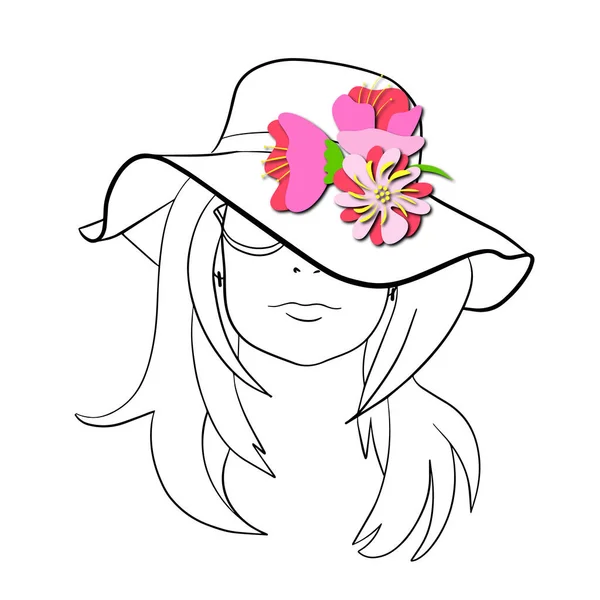 Abstrato Cara de mulher com chapéu. Papel corte ilustração uma flores — Vetor de Stock