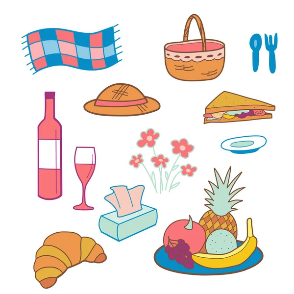 Dessins en couleurs, un ensemble d'éléments de pique-nique un panier, un plaid, fruits, plats et autres — Image vectorielle